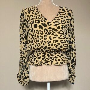 Animal print - V-neck - loose sheer sleeves and crop cinched waist top - size M